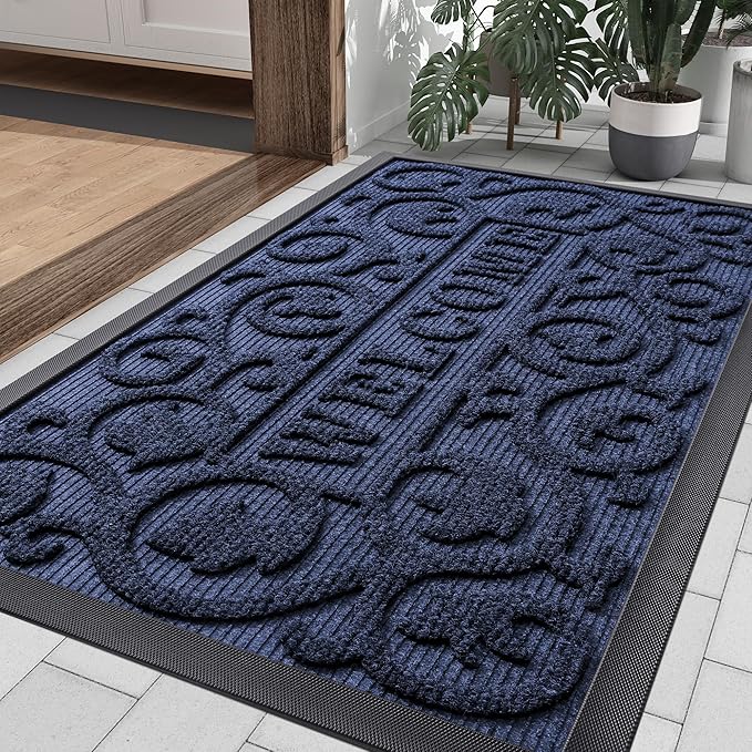 Smiry Welcome Door Mat Outside Entrance, Heavy Duty Trap Dirt and Moisture Easy Clean Low Profile Patio Porch Indoor Outdoor Front Doormat for Entry, 36x24 Inch, Navy Blue/Welcome