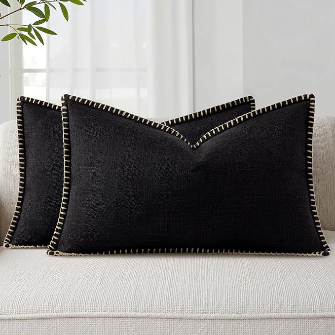 decorUhome Decorative Outdoor Throw Pillow Covers 12x20 Set of 2, Lumbar Linen Rustic Neutral Farmhouse Euro Pillow Covers with Stitched Edge for Couch, Sofa, Living Room, Black