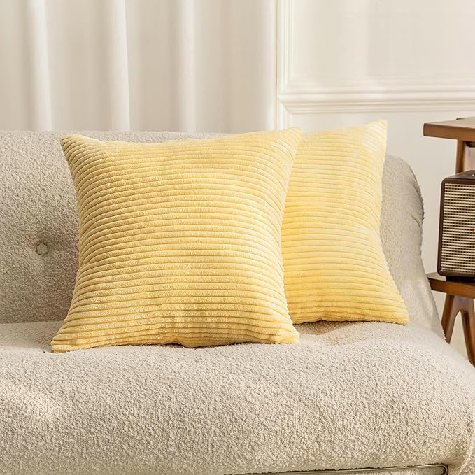 Home Brilliant Yellow Pillow Covers Decorative Set of 2 Striped Corduroy Plush Velvet Throw Pillows for Couch Fall Winter Decor, 18x18 inch, Light Yellow