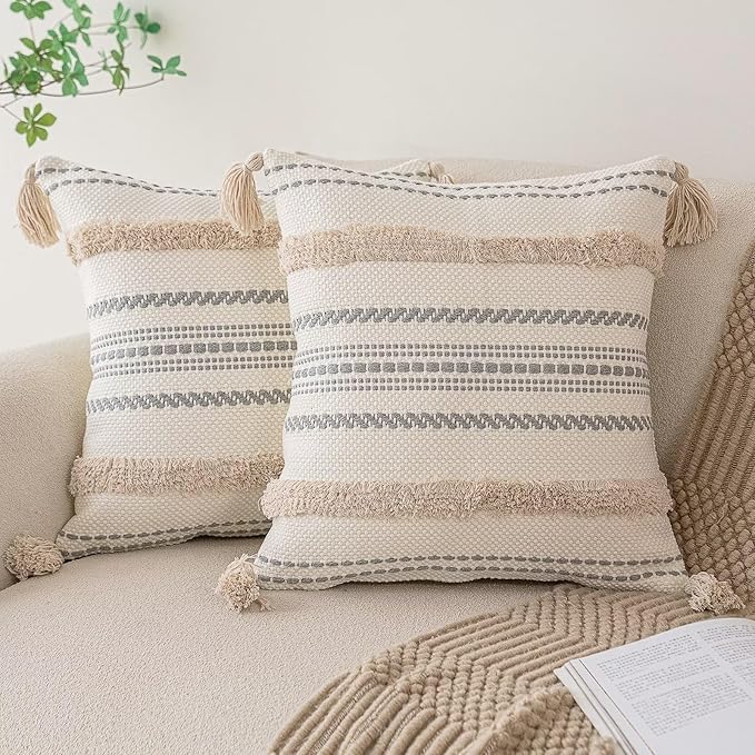 Boho Throw Pillow Covers 20x20 Set of 2 Woven Tufted Farmhouse Pillows Cover with Tassels Textured Striped Cushion Case Neutral Pillow Cases Decorative Pillowcase for Sofa, Couch, Bed, Khaki