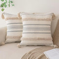 Boho Throw Pillow Covers 20x20 Set of 2 Woven Tufted Farmhouse Pillows Cover with Tassels Textured Striped Cushion Case Neutral Pillow Cases Decorative Pillowcase for Sofa, Couch, Bed, Khaki
