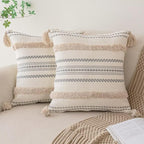 Boho Throw Pillow Covers 20x20 Set of 2 Woven Tufted Farmhouse Pillows Cover with Tassels Textured Striped Cushion Case Neutral Pillow Cases Decorative Pillowcase for Sofa, Couch, Bed, Khaki