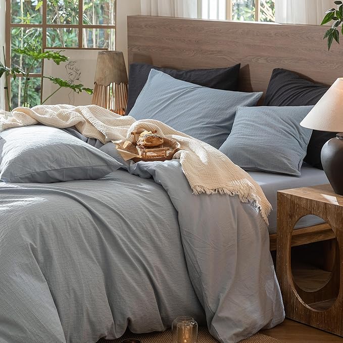 MooMee Wavy Striped Duvet Cover Set 100% Washed Cotton Linen Like Textured Breathable Durable Soft Comfy (Cornflower Blue, Palatial King/Oversized King 120"x98")