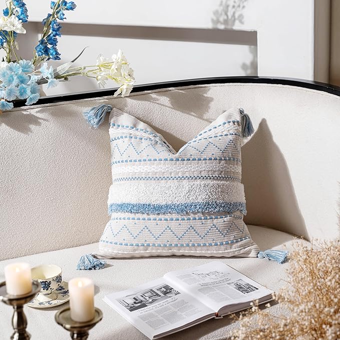 BlissBlush Blue Decorative Throw Pillow Cover 20x20 Square Boho Neutral White Accent Pillowcase Tassels Farmhouse Cushion for Couch Sofa Bedroom Living Room Home Décor (Cover ONLY, Pack of 1)