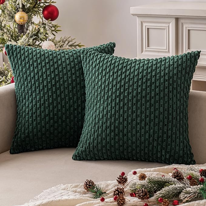 MIULEE Christmas Army Green Throw Pillow Covers Soft Corduroy Decorative Set of 2 Boho Striped Pillow Covers Pillowcases Farmhouse Home Decor for Couch Bed Sofa Living Room 18x18 Inch