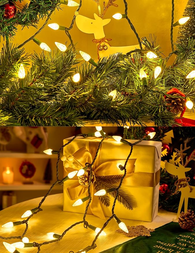 BOHON Christmas Lights Outdoor, Faceted C6 34ft 100 LED String Lights Plug in, Extendable Green Wire Warm White Christmas String Lights for Indoor Xmas Tree Decoration Waterproof UL Certified