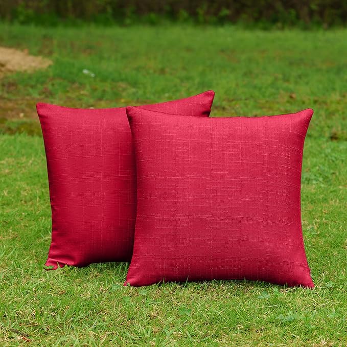 NiNi ALL Pack of 2 Decorative Outdoor Waterproof Pillow Covers Square Garden Linen Textured Cushion Sham Throw Pillowcase Set of 2 for Patio Farmhouse Garden Tent Couch 24x24 Inch Red