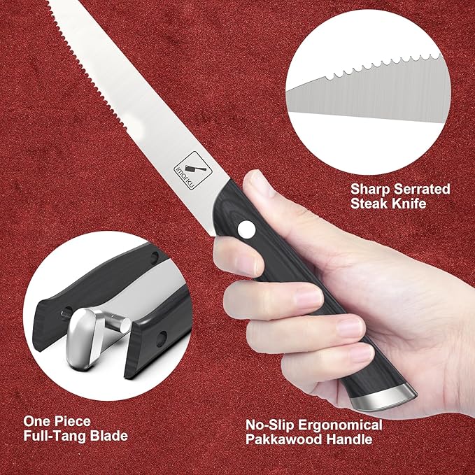 imarku Steak Knives, Steak Knives Set of 8, Serrated Steak Knife Set with Pakkawood Ergonomic Handle, Japanese HC Steel Steak Knife and Gift Box, Birthday Gifts for Women and Man