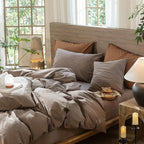 MooMee Wavy Striped Duvet Cover Set 100% Washed Cotton Linen Like Textured Breathable Durable Soft Comfy (Brown, Super Queen 90"x98")