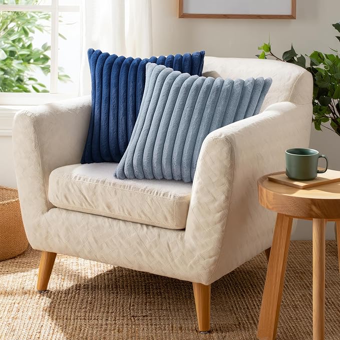 Pallene Faux Fur Plush Throw Pillow Covers 16x16 Set of 2, Luxury Soft Fluffy Striped Decorative Pillow Covers for Sofa, Couch, Living Room, Blue Grey