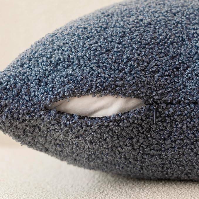 Foindtower Pack of 2, Curly Faux Fur Decorative Throw Pillow Covers Soft Neutral Plush Cushion Case with Zipper Cozy Modern Pillowcase for Home Living Room Couch Bed Sofa 20 x 20 Inch, Blue
