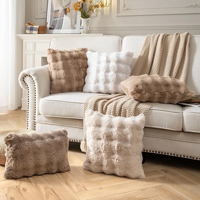 Pack of 2 Thick Plush Throw Pillow Covers Fluffy Wave Faux Fur Decorative Cushion Covers Soft Wool Pillowcase for Sofa Couch Livingroom 24x24 Inch Beige