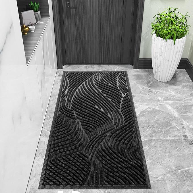 Yimobra Large Door Mat 47x24, All-Weather Waterproof Art Line Outdoor Mats for Front Door, Heavy Duty Non-Slip Welcome Matt for Garage Patio Proch Entryway Indoor, Black