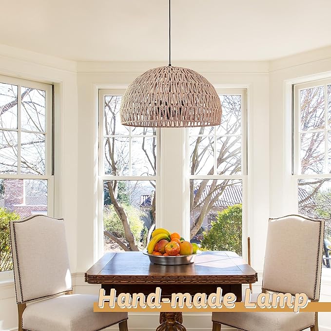 17.6 inch Hemp Rope Woven Pendant Light Wicker Pendant Light 3-light Rattan Light Fixture Boho Chandelier Farmhouse Chandelier Dome Pendants Light for Dining Room Bedroom Kitchen(Bulb Incl