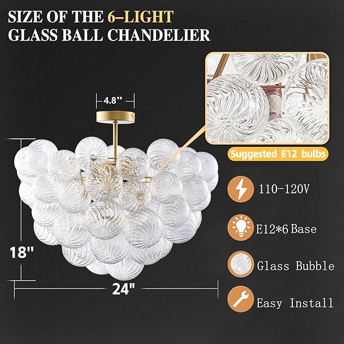 Longree Nordic Bubble Ball Swirled Glass Ceiling Lights Fixture, Dia 24 inch Gild Brass and Clear Blown Glass Small Chandelier for Bedroom Study Bathroom