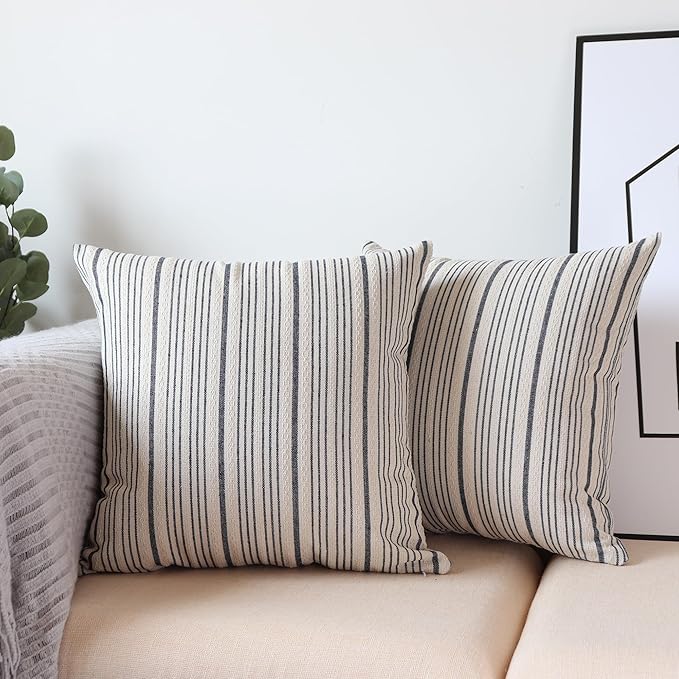 Navy Pillow Covers Farmhouse Linen Throw Pillow Covers Striped Outdoor Decorative Square Throw Pillows for Couch Sofa Bed 20 x 20 in Pack of 2 Navy and Cream
