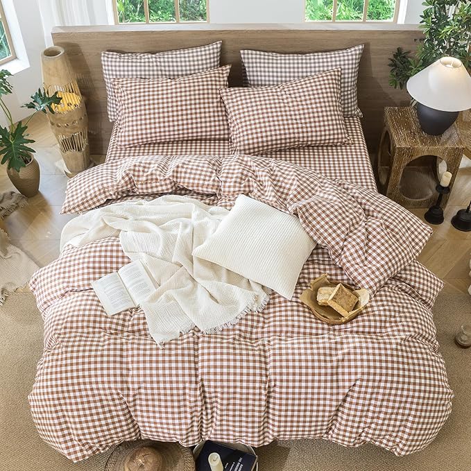 MooMee Gingham Duvet Cover Set 100% Washed Cotton Linen Like Textured Breathable Durable Soft Comfy Modern Checkered Design (Dark Orange Gingham, Queen 90"x90")