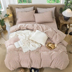 MooMee Gingham Duvet Cover Set 100% Washed Cotton Linen Like Textured Breathable Durable Soft Comfy Modern Checkered Design (Dark Orange Gingham, Full 80"x90")