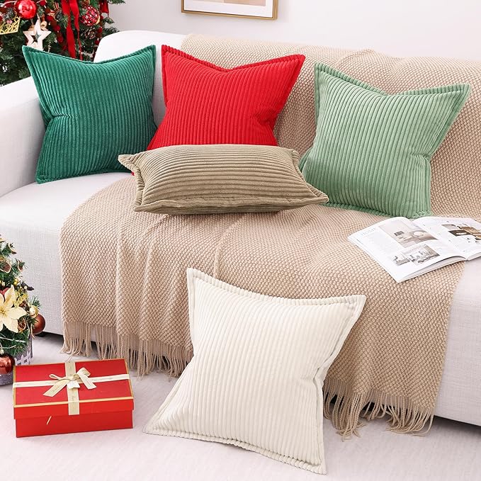 Mecatny Christmas Corduroy Throw Pillow Covers 18x18 Set of 2, Neutral Decorative Soft Boho Couch Pillow Covers with Broadside for Sofa Living Room, Green