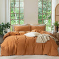 MooMee Bedding Duvet Cover Set 100% Washed Cotton Linen Like Textured Breathable Durable Soft Comfy (Solid Burnt Orange, King 104"x90")