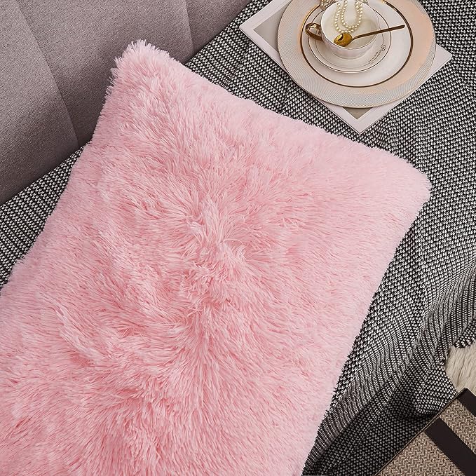 WERDIM Shaggy Faux Fur Pillowcases 2 Pack Button Closure Velvet Pillow Shams Queen Size (Pink, 20 X 26 Inches)
