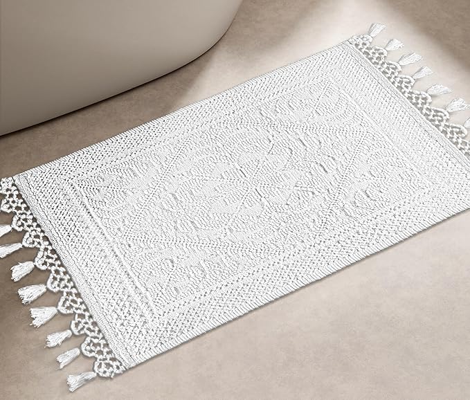 Savi Home Cotton Woven Jacquard Bathroom Rug, Woven Fringe Bathroom Mats, 100% Cotton, Non - Slip Bath Mat, Durable Thick Bath Mat 20”x38” with Fringes, White