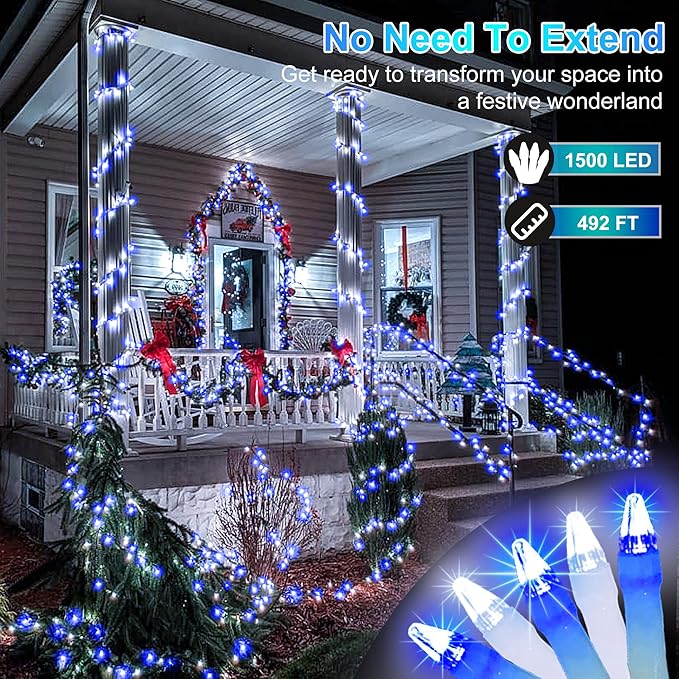 1500 LED Christmas Lights Outdoor Use, 492ft 8 Lighting Modes Fairy Lights for Outside, Christmas Tree Lights Outdoor IP44 Waterproof for Xmas Patio Fence Deck Balcony Garden Decor Blue & Cool White