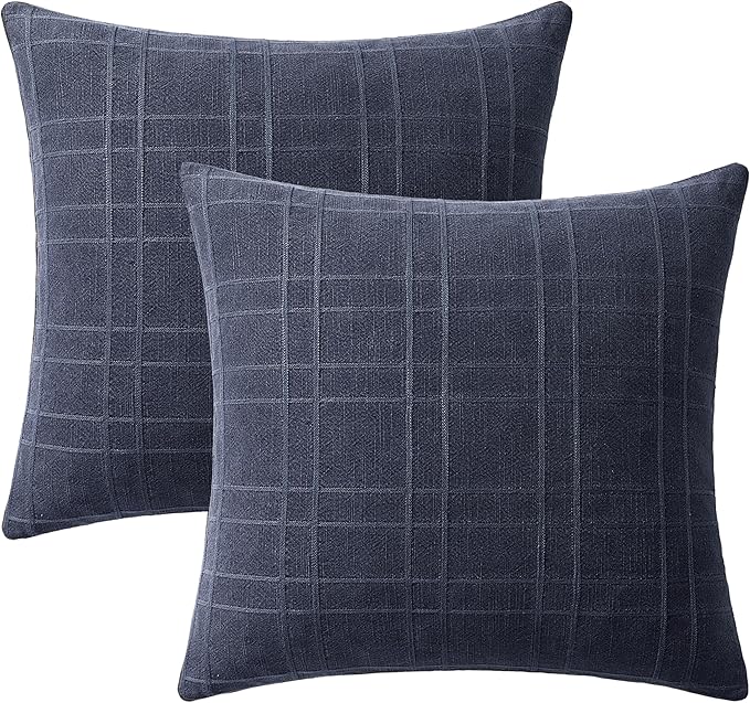 MIULEE Decorative Linen Check Euro Shams Throw Pillow Covers Neutral Farmhouse Vintage Pillow Covers 24x24 Set of 2 Boho Modern Home Decor for Sofa Couch Bedroom Cushion Navy Blue