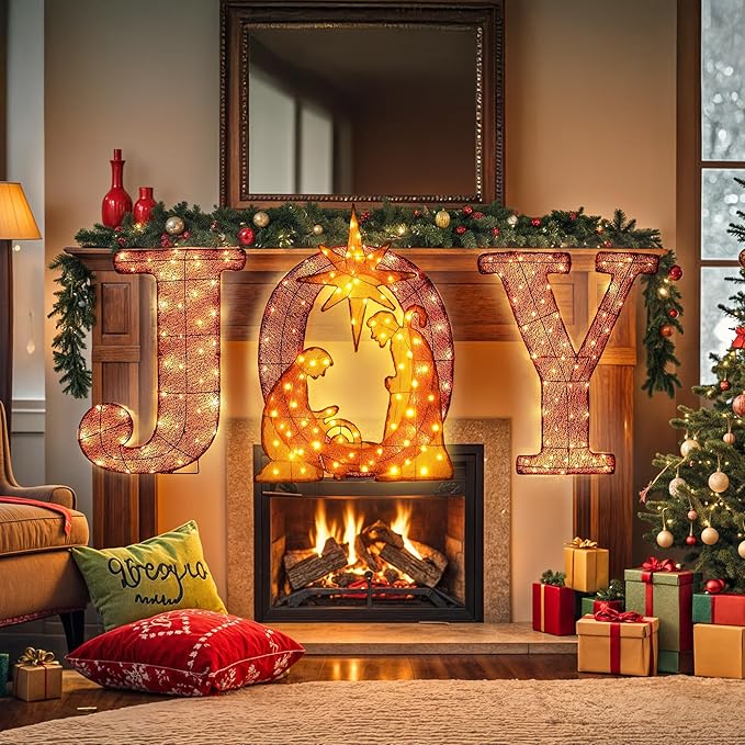 3-Piece Christmas Lighted Joy Sign Decoration,32Inch Oversized Pre-Lit Nativity Scene,2-in-1 Weather Resistant Holiday Yard Decor Freestanding or Wall Decor for Garden Yard Porch or Indoor