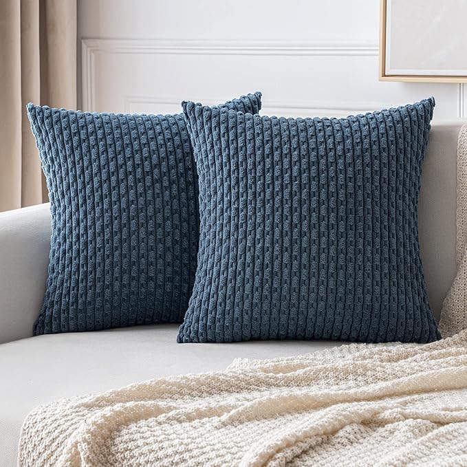 MIULEE Pack of 2 Decorative Throw Pillow Covers 20x20 Inch Soft Boho Striped Textured Corduroy Pillow Covers Modern Farmhouse Home Decor for Couch Bed Sofa Living Room Blue