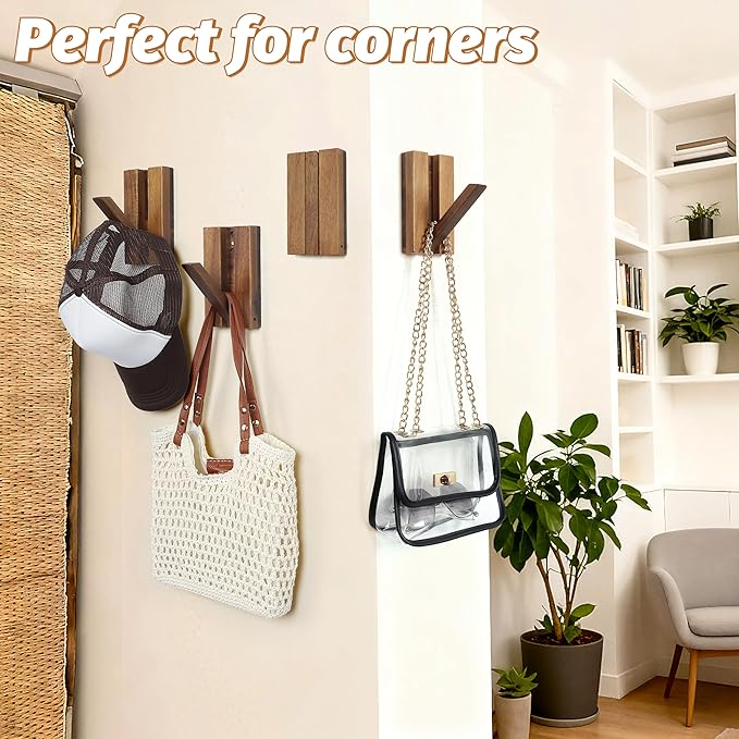 Foldable Wall Hooks 4Pack: Rustic Wooden Coat Hooks Mounted for Heavy Duty Hanging Towels Backpack Bags Hats, Space Saving Minimalist Decorative Hooks for Aesthetic Homeowners