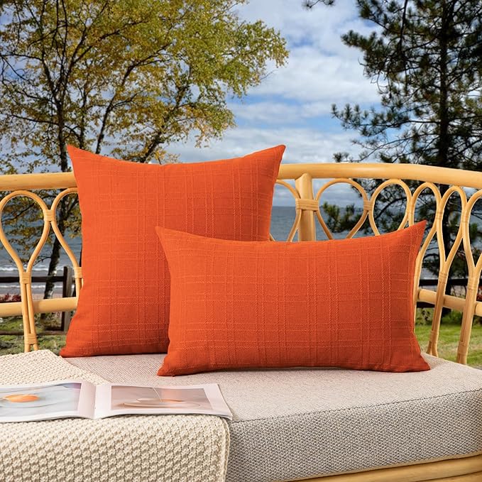 Kevin Textile Fall Outdoor Waterproof Throw Pillow Covers Decorative Farmhouse Water Resistant Checkered Cushion Covers for Tent Patio Garden Couch Sofa Pack of 2 (24x24 Inch Orange)