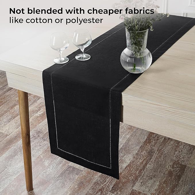 D'Moksha Homes Linen Black Table Runner 90 Inches Long - Classic Hemstitch 100% Pure Linen Dining Table Runner 14 x 90 Inch for Fall, Autumn and Halloween