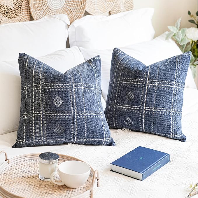 BlissBlush Dark Blue Decorative Throw Pillow Covers 18X18, Set of 2, Boho Farmhouse Cushion Cover, Cozy Soft Accent Pillowcase for Couch Sofa Bed Living Room Home Décor