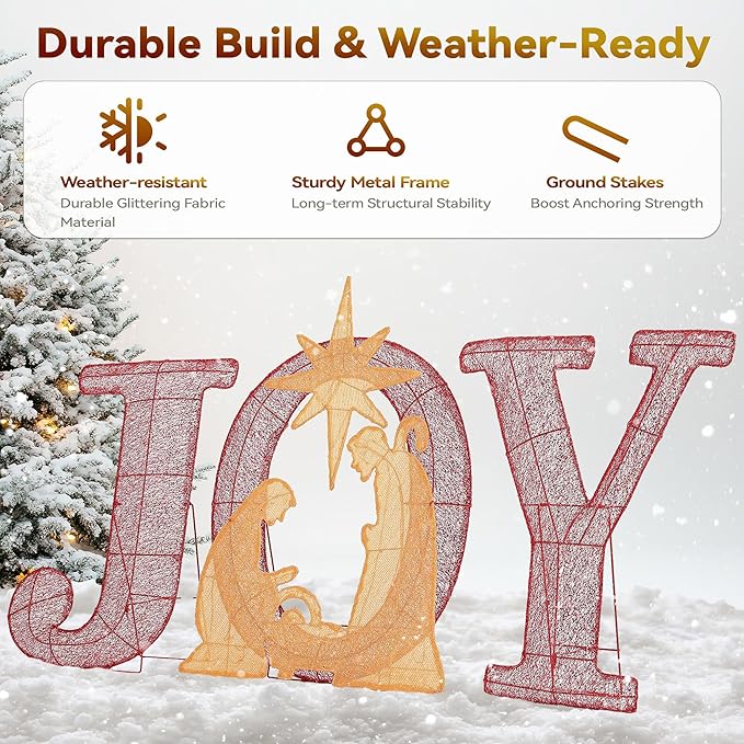 3-Piece Christmas Lighted Joy Sign Decoration,32Inch Oversized Pre-Lit Nativity Scene,2-in-1 Weather Resistant Holiday Yard Decor Freestanding or Wall Decor for Garden Yard Porch or Indoor