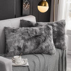 WERDIM Shaggy Fluffy Faux Fur Pillowcases 2 Pack Button Closure Velvet Pillow Shams Standard/Queen Size (Tie Dye Dark Grey, 20 X 26 Inches)