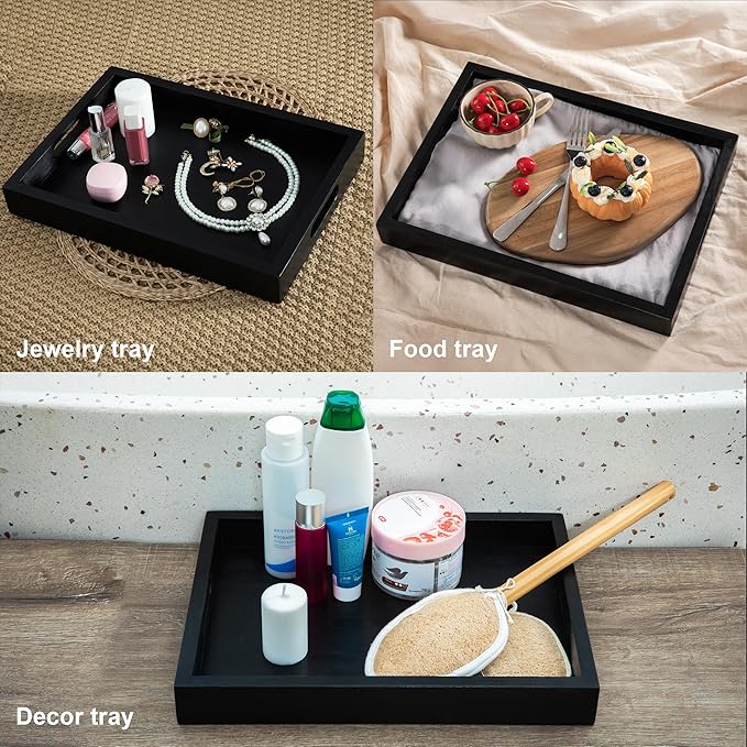 Black Acacia Wooden Rectangular Serving Tray with Handles, Set of 2 (15"x11"), Large Tray for Ottoman, Breakfast in Bed, Dinner, Coffee Table Decor & Kitchen