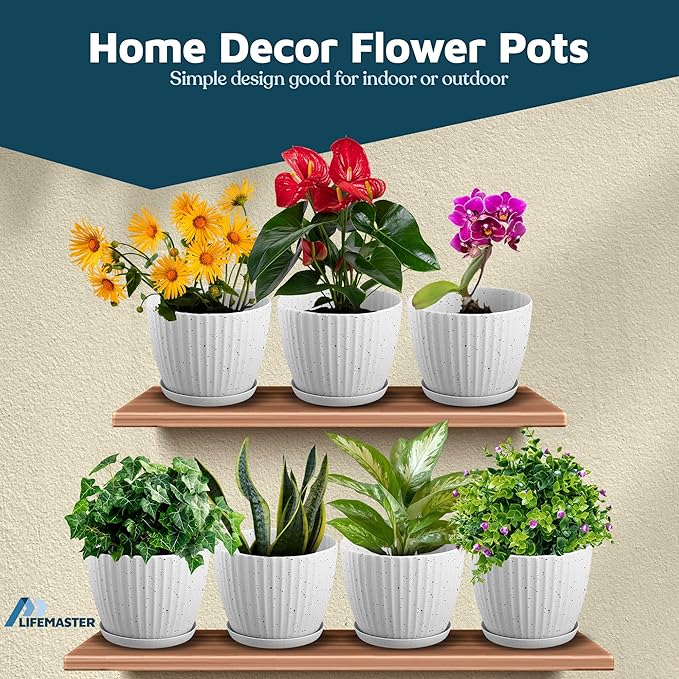 White Gray 6-Inch Plant Pots with Drainage & Saucers 12 Pack, Indoor & Outdoor Planters for Houseplants, Herbs, and Flowers, Durable & Weatherproof Material, Stackable, Lightweight, Minimalist Design