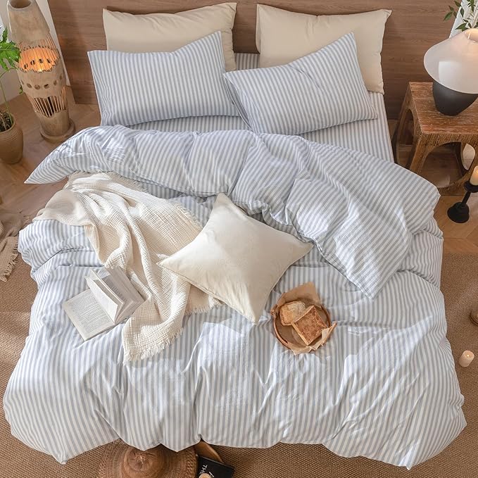 MooMee Striped Duvet Cover Set 100% Washed Cotton Linen Like Textured Breathable Durable Soft Comfy (Cornflower Blue White Classic Stripes, Oversized King Plus 128"x120")
