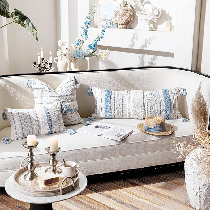 BlissBlush Blue Decorative Lumbar Throw Pillow Cover 12x20 Rectangular Boho Accent Pillowcase Neutral White Farmhouse Cushion for Couch Sofa Bedroom Living Home Décor (Cover ONLY, Pack of 1)