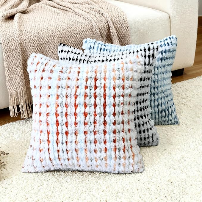 Boho Chenille Tufted Pillow Cover 18x18 Inch Set of 1, Farmhouse Striped Decorative Pillow Covers Accent Fluffy Neutral Square Pillowcases for Couch Sofa Bedroom Living Room, Orange White