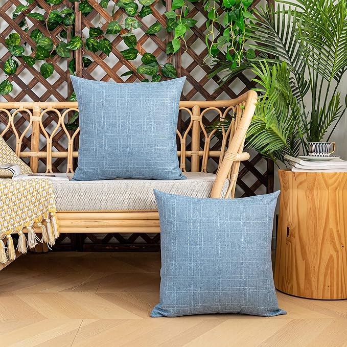 Kevin Textile Pack of 2 Decorative Outdoor Waterproof Pillow Covers Garden Checkered Cushion Sham Throw Pillowcase Shell for Patio Tent Couch 20x20 Inch Light Blue