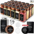 EDELHAUS® Square Spice Jars with Acacia Wooden Lid (Pack of 24) Spice Jars with Shaker Insert and 240 Labels - Acacia Lid Glass Container for Spice Organisation [4.3 in × 1.8 in]