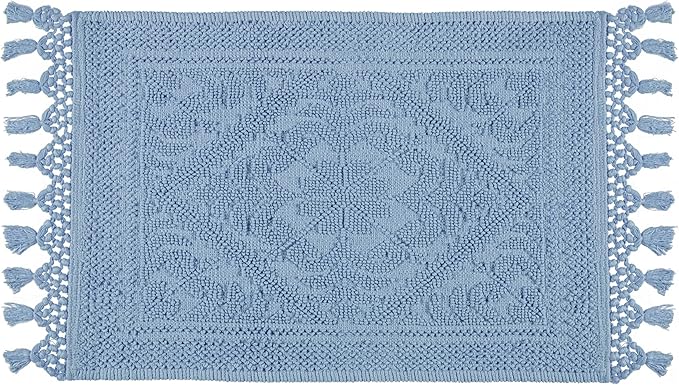 Savi Home Cotton Woven Jacquard Bathroom Rug, Woven Fringe Bathroom Mats, 100% Cotton, Non - Slip Bath Mat, Durable Thick Bath Mat 20”x38” with Fringes, Sky Blue