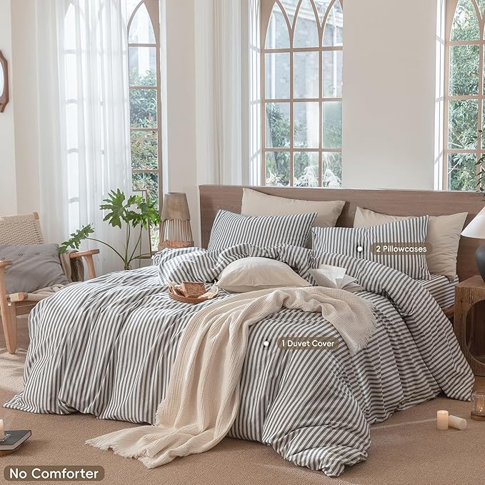 MooMee Striped Duvet Cover Set 100% Washed Cotton Linen Like Textured Breathable Durable Soft Comfy (Dark Grey White Classic Stripes, Full 80"x90")