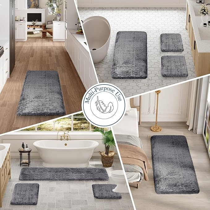 Walensee Non Slip Bath Mat (16 x 24, Dark Grey) - Soft Microfiber Shaggy Mat, Water Absorbent, Machine Washable, Thick Plush Shower Rug