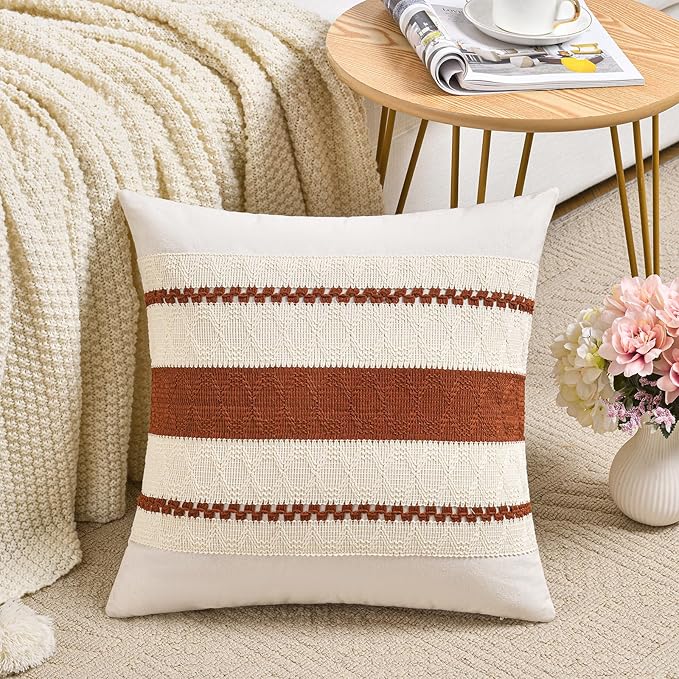 Fancy Homi Set of 2 Rust Boho Euro Decorative Throw Pillow Covers 26x26 Inch for Couch Bed Sofa, Aesthetic Modern Organic Fall Room Decor, Soft Cotton Cute Terracotta Textured Farmhouse Cushion Case