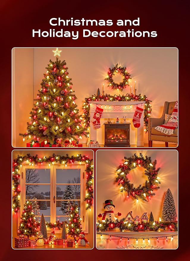 C9 Christmas Lights Outdoor, 66 FT 100 LED Connectable C9 String Lights with 8 Modes and Timer Xmas Tree Patio Roofline Garden Yard Holiday Party Indoor Outdoor Decoration, Red and Warm White