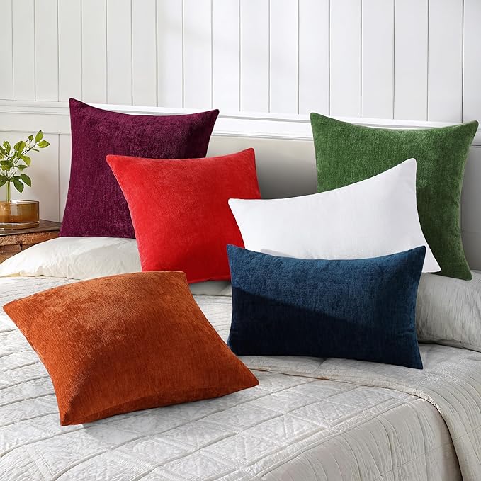 decorUhome Chenille Christmas Green Throw Pillow Covers 12x20 Inch Set of 2, Decorative Soft Couch Pillow Covers Solid Dyed Accent Velvet Farmhouse Neutral Rectangle Pillow Cases for Sofa Living Room