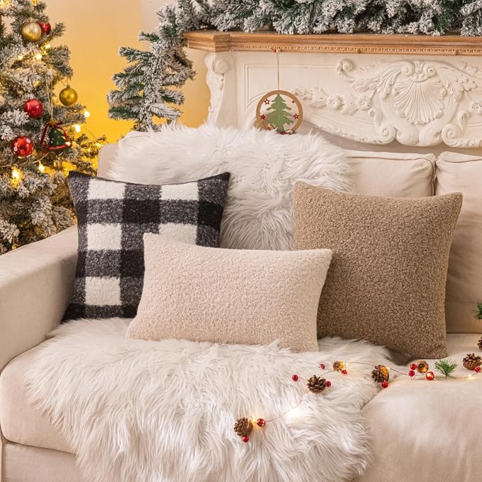 AQOTHES Khaki Winter Throw Pillow Covers 12x20 Inch Set of 2, Boucle Faux Fur Pillow Covers,Cozy Fluffy Home Living Room Farmhouse Decor for Sofa Couch Bed